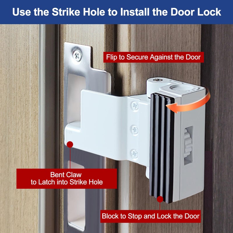 MOSECYOU Portable Door Lock for Home/Hotel Security, Apartment Bedroom No Drill Reinforcement Lock, Extra Lock for Travel, Flip Lock (White, 1 Pack) - Image 2