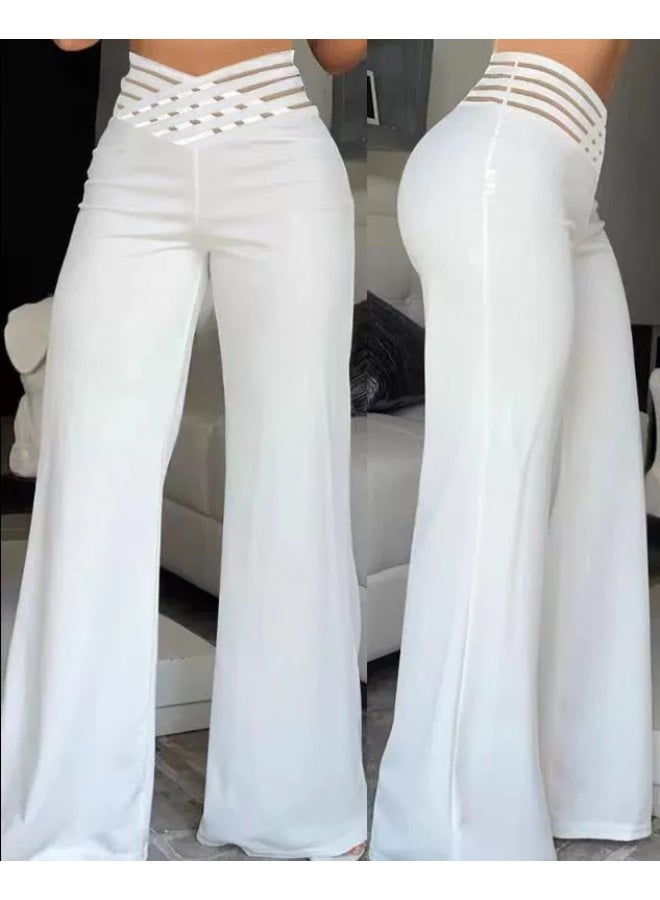 general Women's High Waist Wide Leg Pants, Crisscross Mesh Waistband Flare Trousers, Stretchy Body Shaping Palazzo Pants for Ladies - Image 1