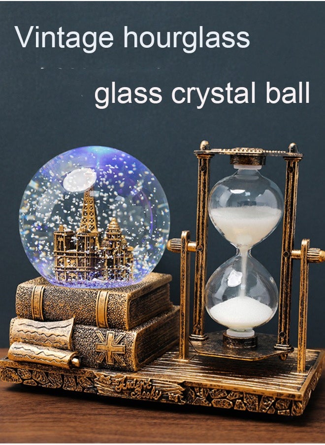 Bukela LED Music Crystal Snow Globe With Hourglass Timer Retro Castle Musical Globe Color Changing Lights Home Decoration Statue Home Decor Brass  - Image 1