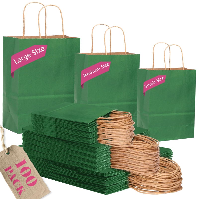 qiqee 100PCS Gift Bag with Handles Bulk Kraft Deep Green Paper Bags Assorted Sizes(33pcs Large 13",33pcs Medium 11",34pcs Small 8") - Image 1