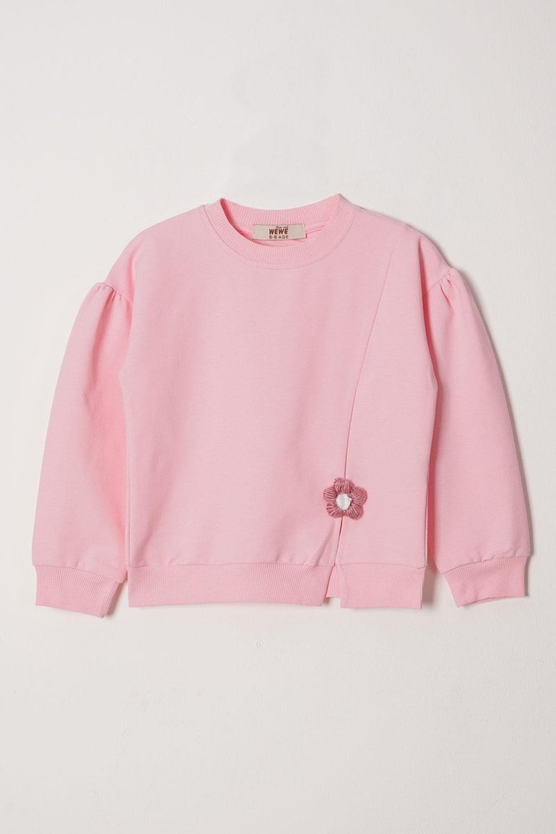 Zepkids Crew Neck Long Sleeve Daisy Detailed Long Sleeve Light Pink Color Girls Tracksuit Set  - Image 2