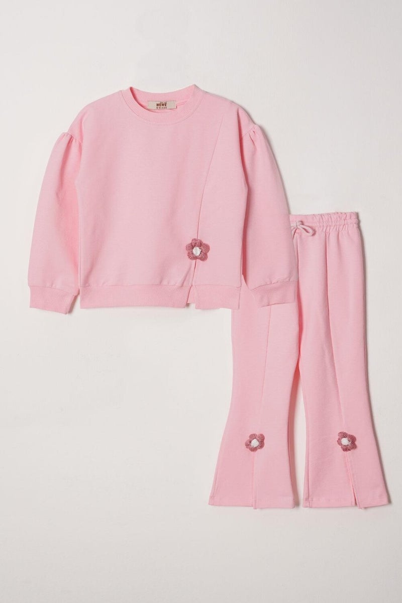 Zepkids Crew Neck Long Sleeve Daisy Detailed Long Sleeve Light Pink Color Girls Tracksuit Set  - Image 1