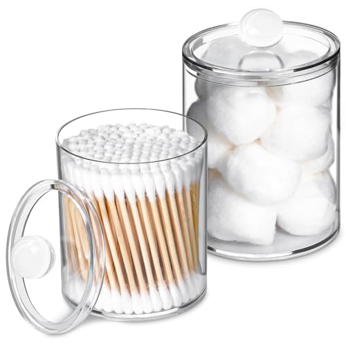 XIPENGKEJI 2 Pack Qtip HolderCanister Apothecary Jar Set Bathroom Jars with Lids Set for Cotton Swabs Balls Pads Floss Picks10oz12oz Plastic Canisters Restroom Bedroom Vanity OrganizerClear - Image 1