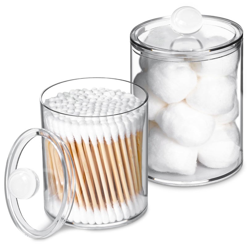 XIPENGKEJI 2 Pack Qtip HolderCanister Apothecary Jar Set Bathroom Jars with Lids Set for Cotton Swabs Balls Pads Floss Picks10oz12oz Plastic Canisters Restroom Bedroom Vanity OrganizerClear - Image 2
