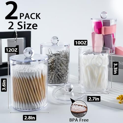 XIPENGKEJI 2 Pack Qtip HolderCanister Apothecary Jar Set Bathroom Jars with Lids Set for Cotton Swabs Balls Pads Floss Picks10oz12oz Plastic Canisters Restroom Bedroom Vanity OrganizerClear - Image 3