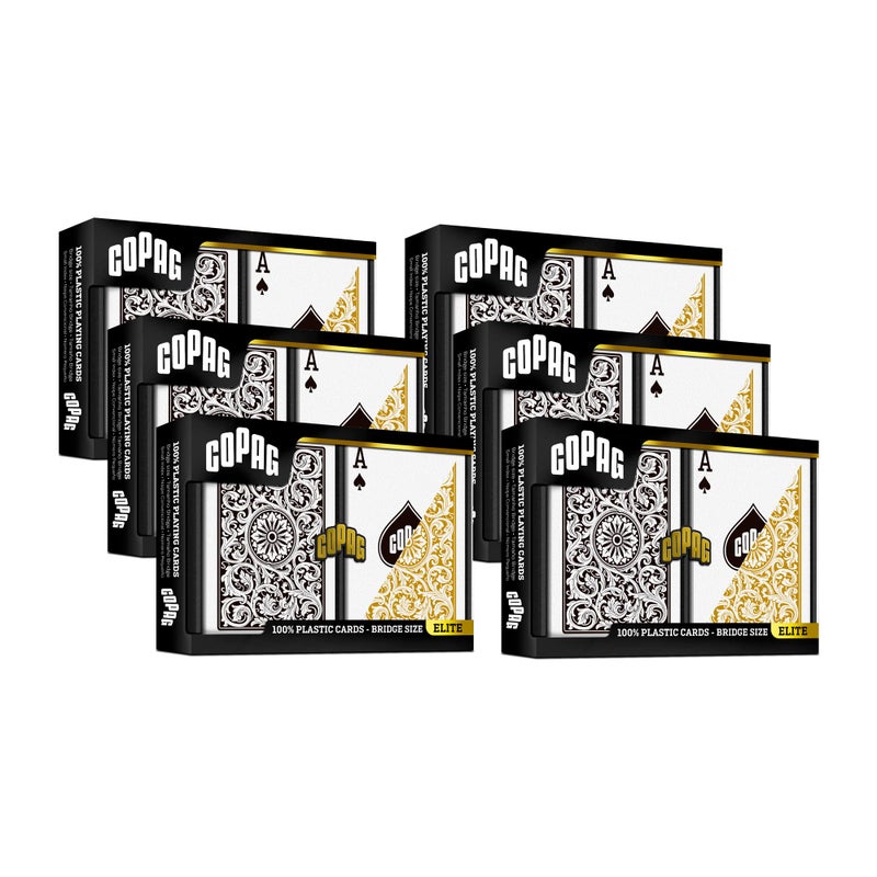 Copag 1546 Design 100% Plastic Playing Cards  Bridge Size (Narrow) Black/Gold (Standard Index  6 Sets) - Image 1