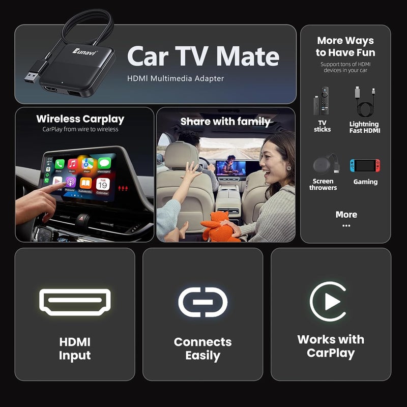 Eunavi Car TV Mate - Magic Box Car Streaming Device - HDMI to USB Converter for OEM CarPlay - Compatible with Fire TV Stick, SetTop Box, Switch, Computer, etc - Plug & Play - Image 4