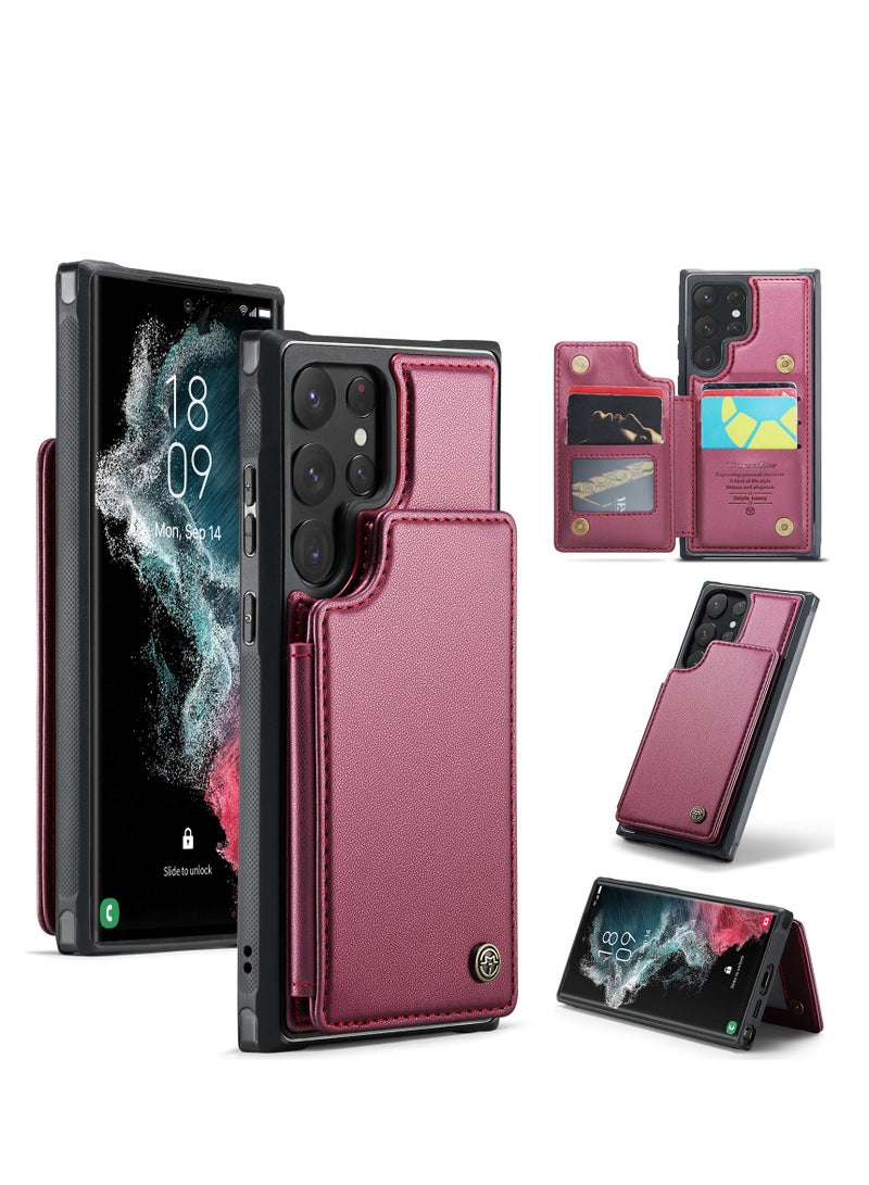 CaseMe Wallet Case for Samsung Galaxy S22 Ultra, Premium Handmade Durable PU Leather Slim Shockproof Case with [Double Magnetic Clasp] [Card Holder] [Kickstand] [RFID Blocking] (Red)  - Image 2