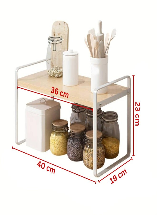 Decorlay Countertop Storage Rack – Metal & Engineering Wood Space-Saving Organizer for Kitchen Spice Jars, Bathroom Essentials, Office Desk, and Cosmetic Organize (Beech+White, Single Tier) - Image 3