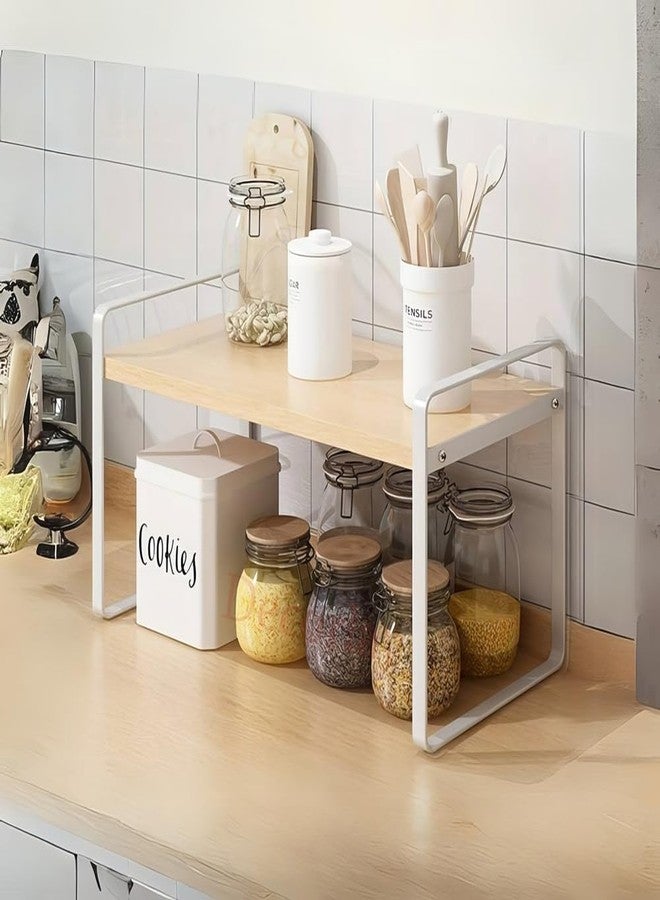 Decorlay Countertop Storage Rack – Metal & Engineering Wood Space-Saving Organizer for Kitchen Spice Jars, Bathroom Essentials, Office Desk, and Cosmetic Organize (Beech+White, Single Tier) - Image 1