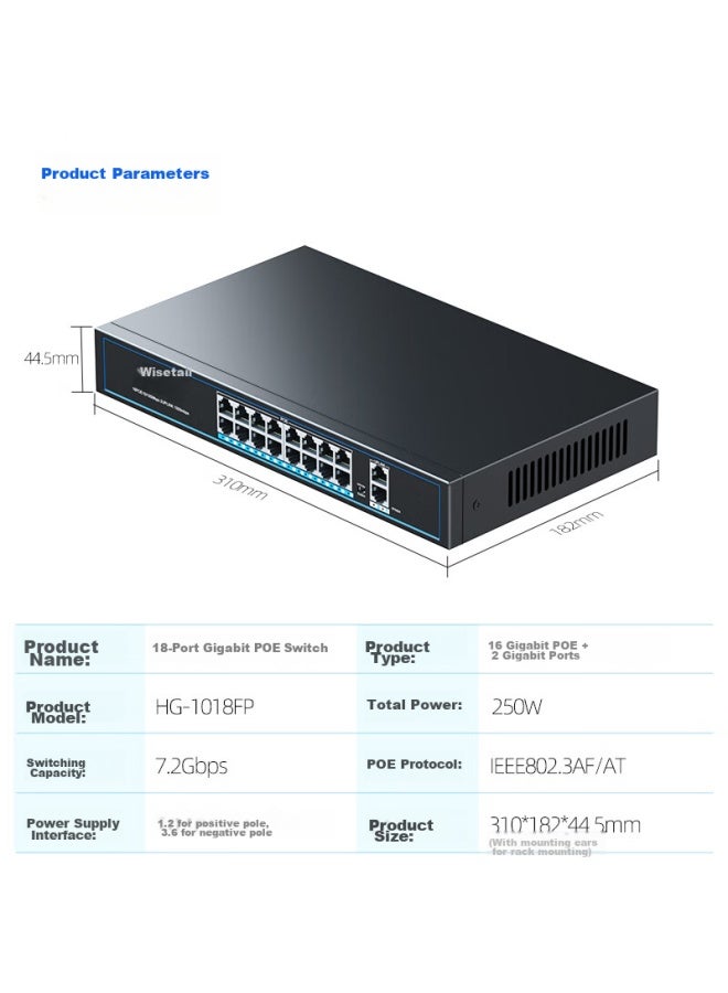 Smart Valley Huigu, 19-port Gigabit Poe Switch, 16-port 100mbps Poe + 2 Gigabit Ports + 1 Gigabit Sfp Optical Port, Camera Ap Network Cable Power Switch Splitter, Hg-1018fp - Image 1