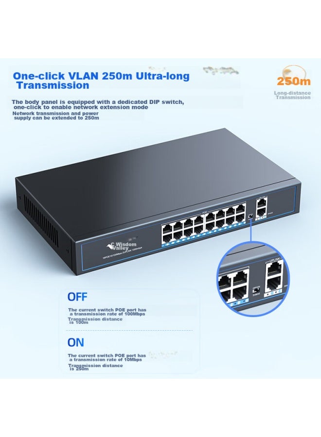 Smart Valley Huigu, 19-port Gigabit Poe Switch, 16-port 100mbps Poe + 2 Gigabit Ports + 1 Gigabit Sfp Optical Port, Camera Ap Network Cable Power Switch Splitter, Hg-1018fp - Image 3
