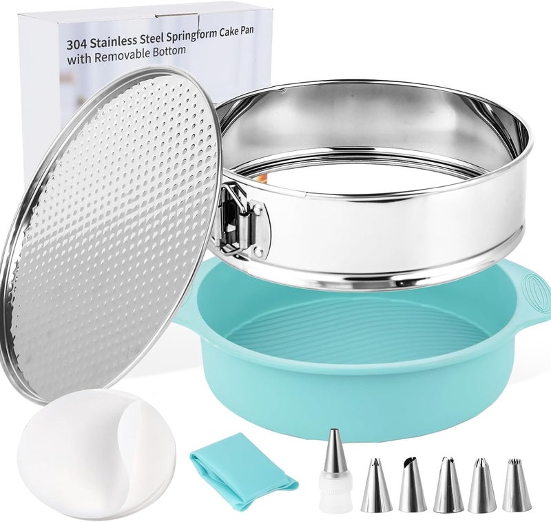 Spmarkt 10-inch Stainless Steel Springform Pan with Silicone Protector, Removable Bottom, Parchment Paper, Decorating Kit Piping Bags and Tips- Great for Birthday Parties - Image 1