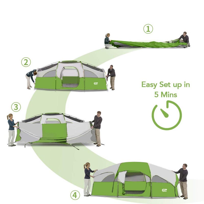 CAMPROS CP Tent 8 Person Camping Tents, Weather Resistant Family Tent, 5 Large Mesh Windows, Double Layer, Divided Curtain for Separated Room, Portable with Carry Bag - Green - Image 2