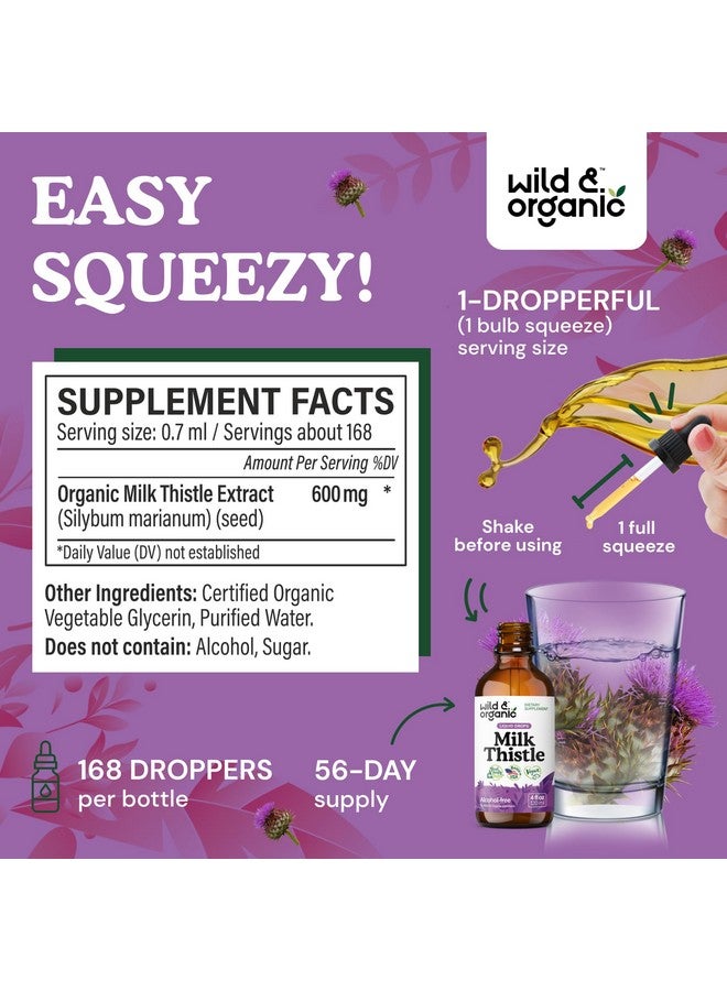 Wild & Organic قطرات سائل الشوك الحليب البري والعضوي - تنظيف الكبد وإزالة السموم - مكمل سيلمارين الشوك الحليب لدعم الكبد - مستخلص بذور سيلبوم ماريانوم - نباتي، خالي من السكر والكحول - 4 أونصات سائلة - Image 3