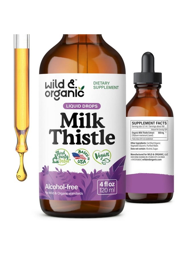 Wild & Organic قطرات سائل الشوك الحليب البري والعضوي - تنظيف الكبد وإزالة السموم - مكمل سيلمارين الشوك الحليب لدعم الكبد - مستخلص بذور سيلبوم ماريانوم - نباتي، خالي من السكر والكحول - 4 أونصات سائلة - Image 1