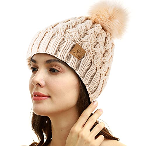 PAGE ONE Womens Winter Ribbed Beanie Crossed Cap Chunky Cable Knit Pompom Soft Warm Hat Beige - Image 2