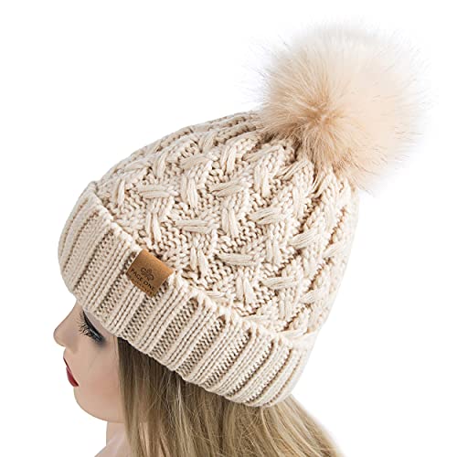 PAGE ONE Womens Winter Ribbed Beanie Crossed Cap Chunky Cable Knit Pompom Soft Warm Hat Beige - Image 3