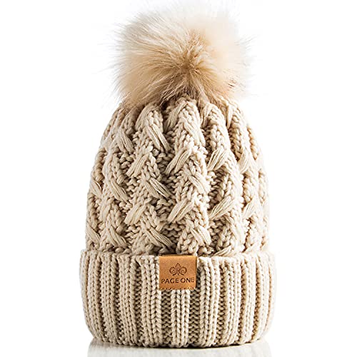 PAGE ONE Womens Winter Ribbed Beanie Crossed Cap Chunky Cable Knit Pompom Soft Warm Hat Beige - Image 1