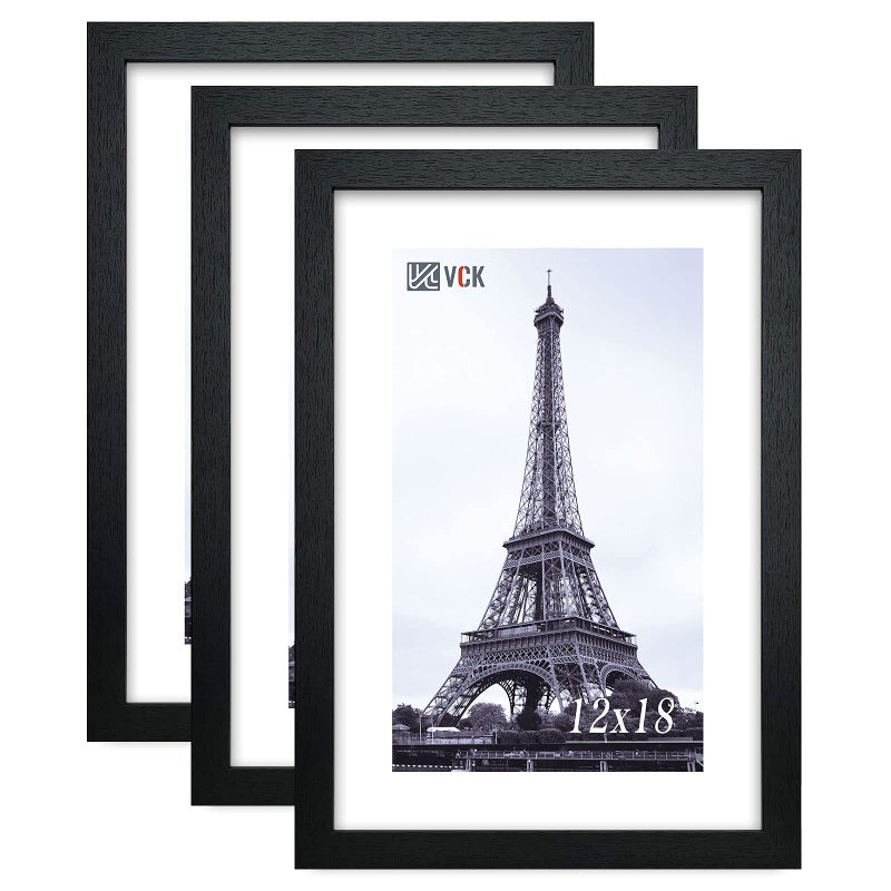 VCK 12x18 Inch Solid Wood Poster Frames with Wall Mounting Hanging Picture Frame Set of 3 Black