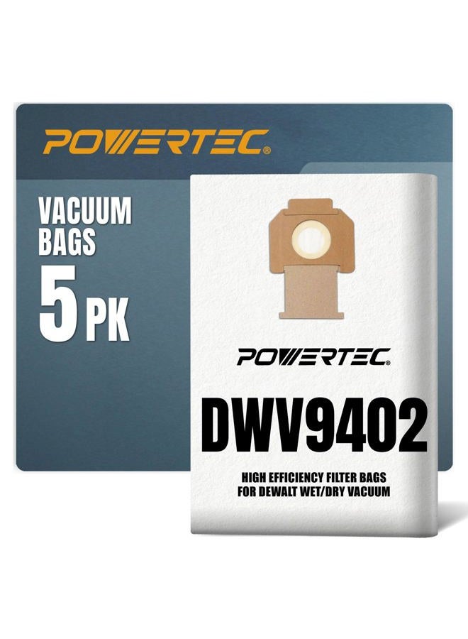 POWERTEC 75029V Fleece Filter Bags| Replacement for DeWalt 9402 | Fits DWV012 Dust Extractors, 5 Pack - Image 1