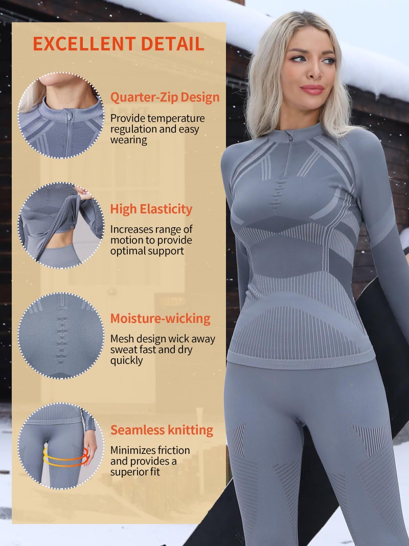 ATTRACO Long Johns for Women Snow Suits for Women Base Layer Set Base Layer Ski Lightweight Gray X-Large - Image 3