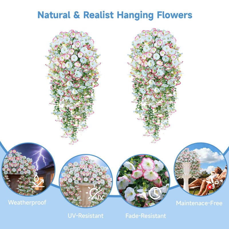 Julako Artificial Hanging Flowers for Outdoors, 2 PCS 300 Blooms UV Resistant Morning Glory Faux Silk Vines, No-Odor Realistic Fake Plants for Garden Planter Porch Patio Decoration, White - Image 2