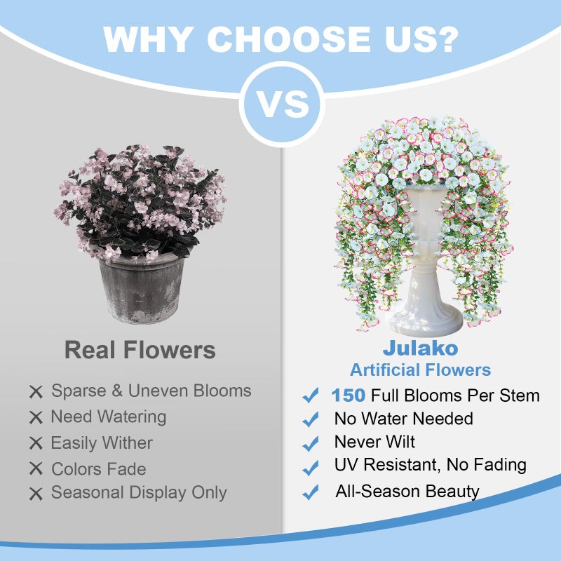 Julako Artificial Hanging Flowers for Outdoors, 2 PCS 300 Blooms UV Resistant Morning Glory Faux Silk Vines, No-Odor Realistic Fake Plants for Garden Planter Porch Patio Decoration, White - Image 4