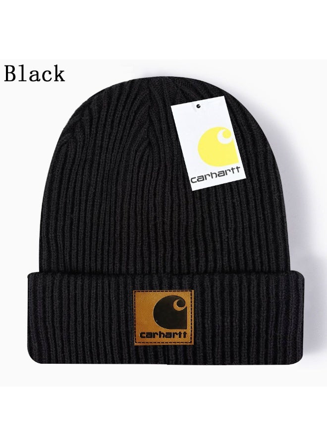 Carhartt Black Ribbed Knit Beanie with Leather Logo Patch