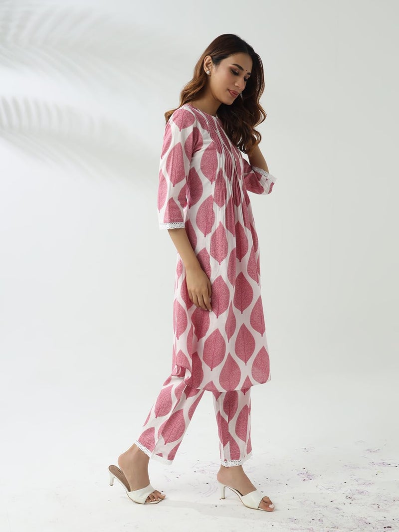 FIORRA Women's Pink Cotton Flared Kurta Set - Image 3