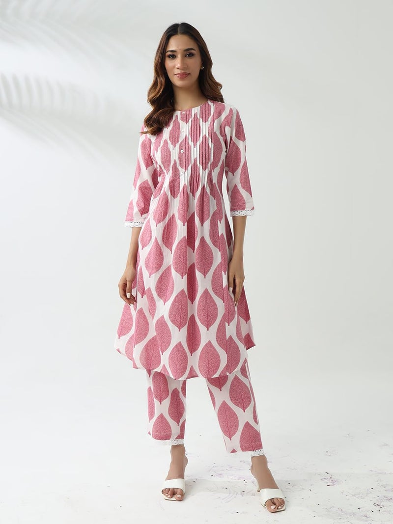FIORRA Women's Pink Cotton Flared Kurta Set - Image 2