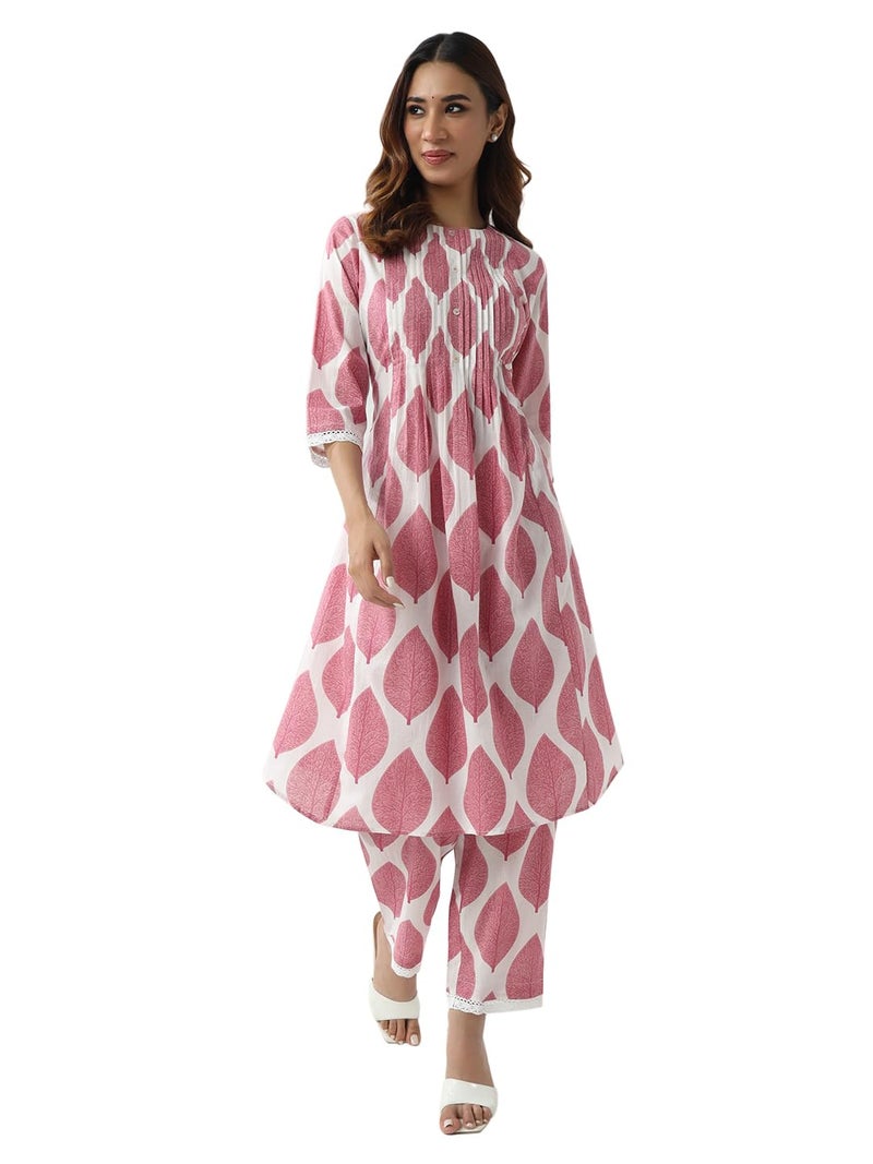 FIORRA Women's Pink Cotton Flared Kurta Set - Image 1
