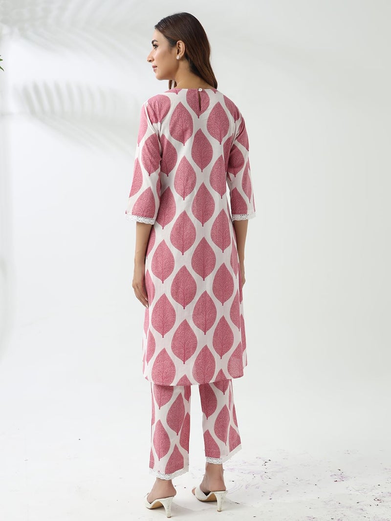 FIORRA Women's Pink Cotton Flared Kurta Set - Image 4