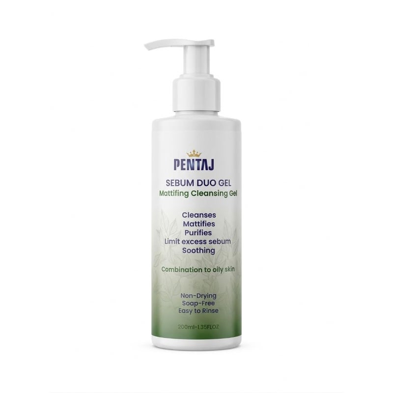 Pentaj Sebum Duo Gel Mattifying Cleansing Gel,200ml, with Chamomile Extract, Thyme Extract, Vitamin E and Menthol, for Combination to Oily Skin