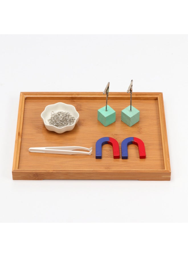 Children's Early Education Montessori Teaching Aids Kindergarten Corner Puzzle Magnet Magnet Magnet Toy Daily Life Scientific Exploration-Color:Plum Bowl +2 Wooden Iron Clips +2 Magnets + White Elbow Tweezers + Iron Ring Pack + 28CM Tray  - Image 1
