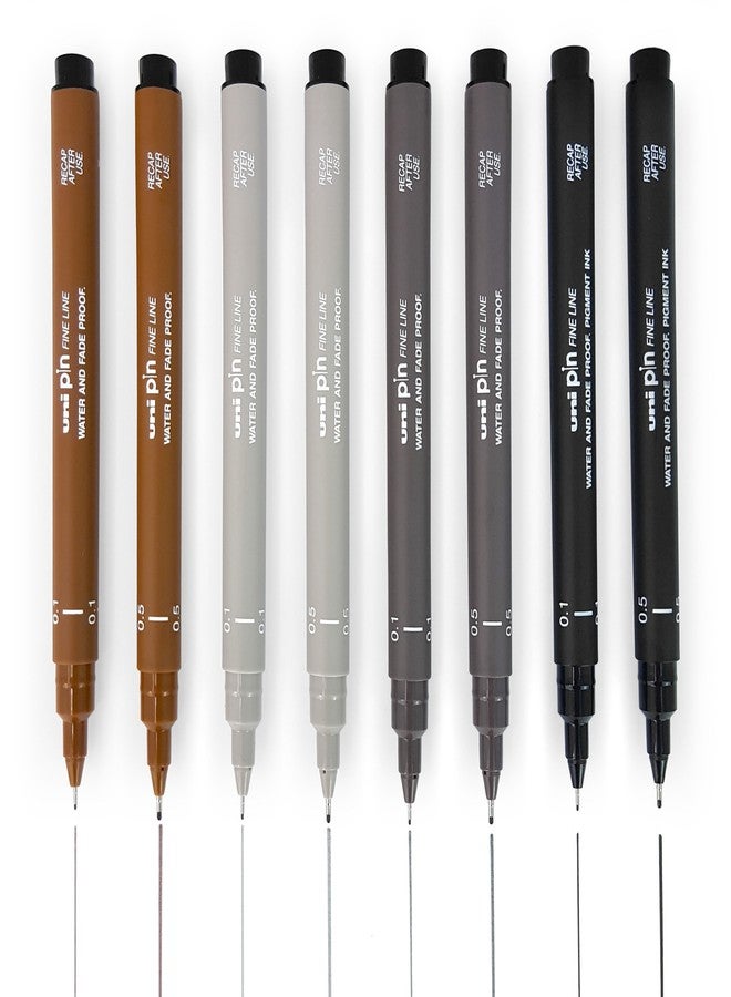 Uni Pin Fineliner Drawing Pen - Sketching Set of 8-0.1mm / 0.5mm - Black, Dark Gray, Light Gray, and Sepia - Image 1
