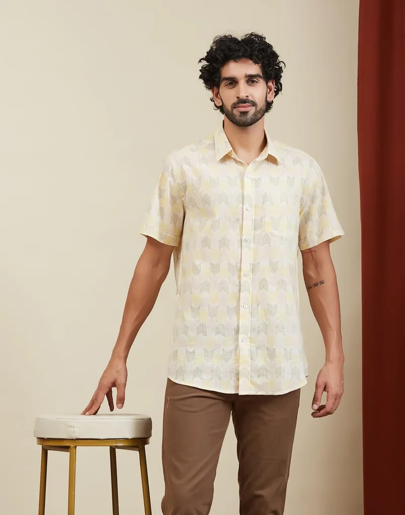 Yellow Cotton Hand Block Printed Regular Shirt