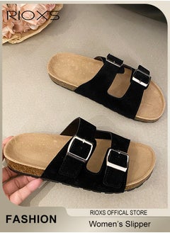 RIOXS Women's Flat Sandals, Lane Cork Footbed Sandals, Comfort Adjustable Slides Slippers Shoes, Platform Suede Sandals For Women, Open Toe Slides Slip On Slippers With Buckle, For Indoor And Outdoor Use  - Image 5
