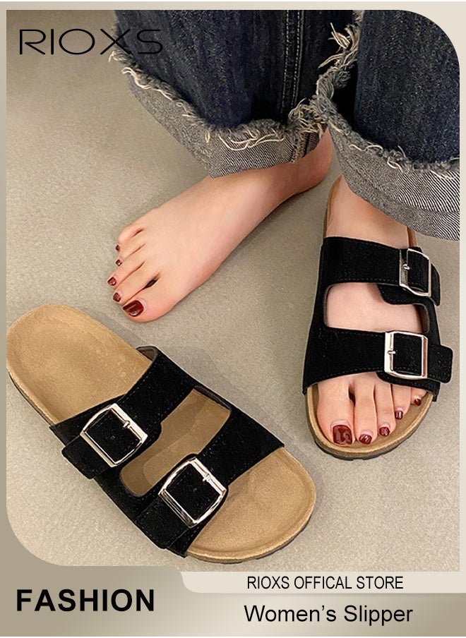 RIOXS Women's Flat Sandals, Lane Cork Footbed Sandals, Comfort Adjustable Slides Slippers Shoes, Platform Suede Sandals For Women, Open Toe Slides Slip On Slippers With Buckle, For Indoor And Outdoor Use  - Image 1