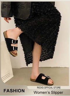 RIOXS Women's Flat Sandals, Lane Cork Footbed Sandals, Comfort Adjustable Slides Slippers Shoes, Platform Suede Sandals For Women, Open Toe Slides Slip On Slippers With Buckle, For Indoor And Outdoor Use  - Image 2