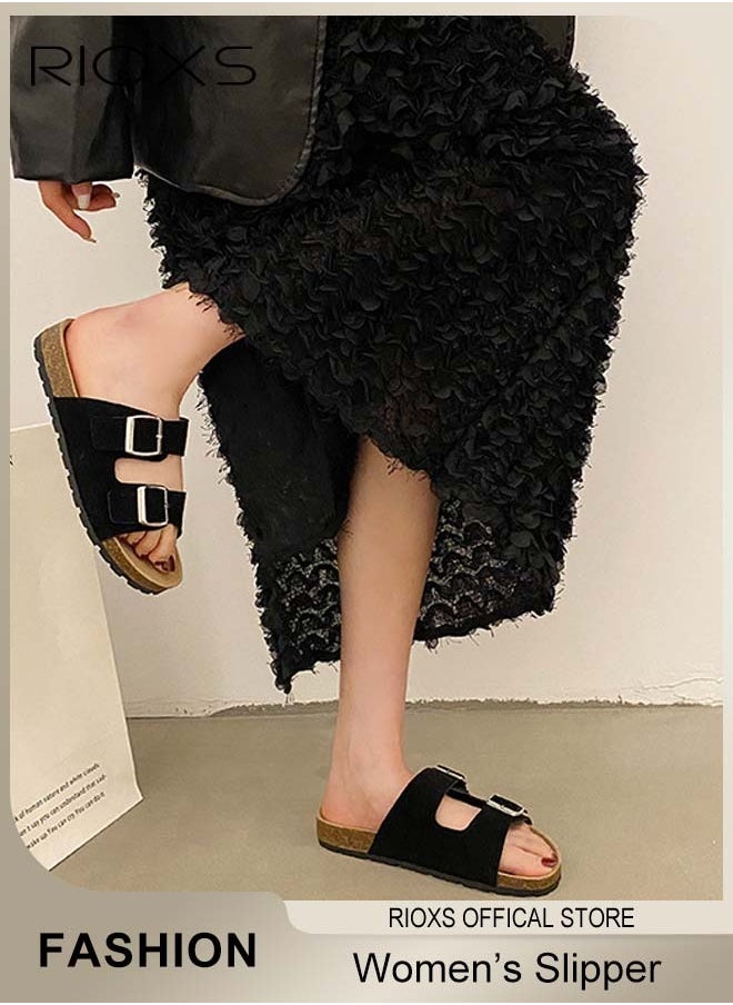 RIOXS Women's Flat Sandals, Lane Cork Footbed Sandals, Comfort Adjustable Slides Slippers Shoes, Platform Suede Sandals For Women, Open Toe Slides Slip On Slippers With Buckle, For Indoor And Outdoor Use  - Image 2