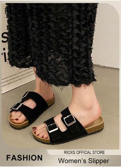 RIOXS Women's Flat Sandals, Lane Cork Footbed Sandals, Comfort Adjustable Slides Slippers Shoes, Platform Suede Sandals For Women, Open Toe Slides Slip On Slippers With Buckle, For Indoor And Outdoor Use  - Image 3
