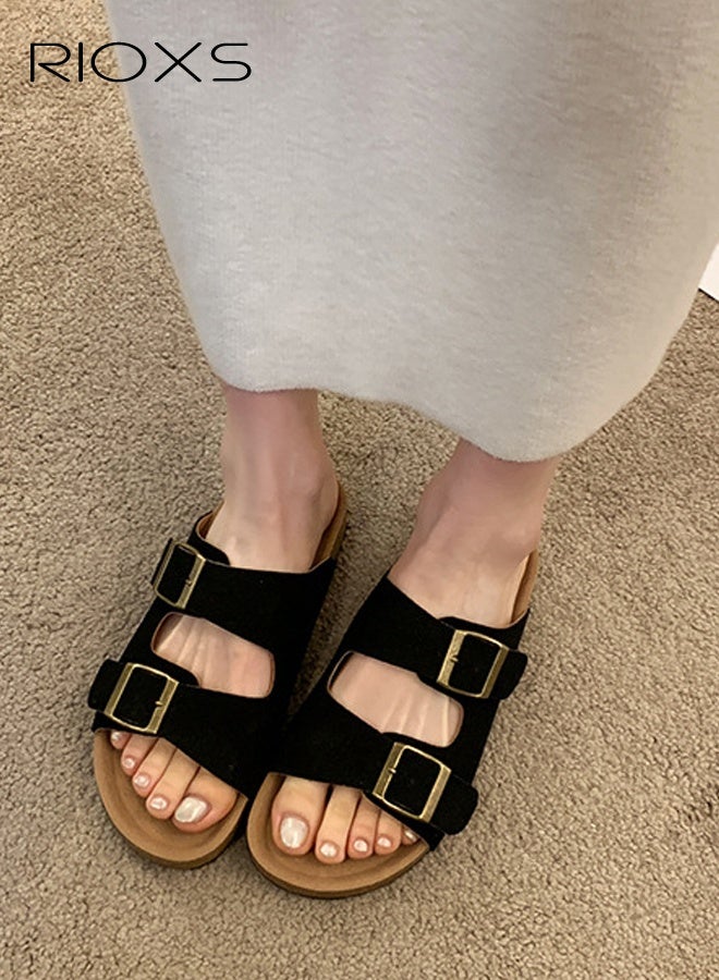 RIOXS Women's Flat Sandals, Lane Cork Footbed Sandals, Comfort Adjustable Slides Slippers Shoes, Platform Suede Sandals For Women, Open Toe Slides Slip On Slippers With Buckle, For Indoor And Outdoor Use - Image 2