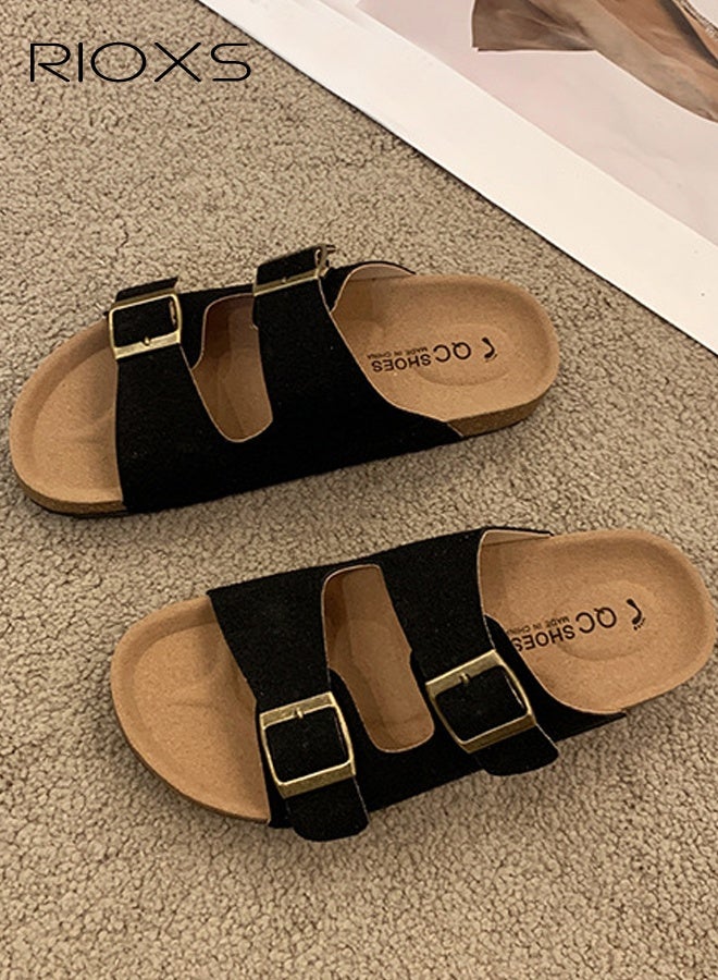 RIOXS Women's Flat Sandals, Lane Cork Footbed Sandals, Comfort Adjustable Slides Slippers Shoes, Platform Suede Sandals For Women, Open Toe Slides Slip On Slippers With Buckle, For Indoor And Outdoor Use - Image 5