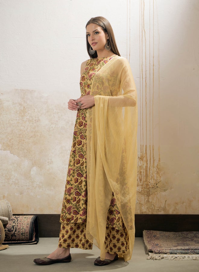 SASSAFRAS Yellow Floral Sleeveless Kurta with Pencil Pants and Dupatta Set - Image 3
