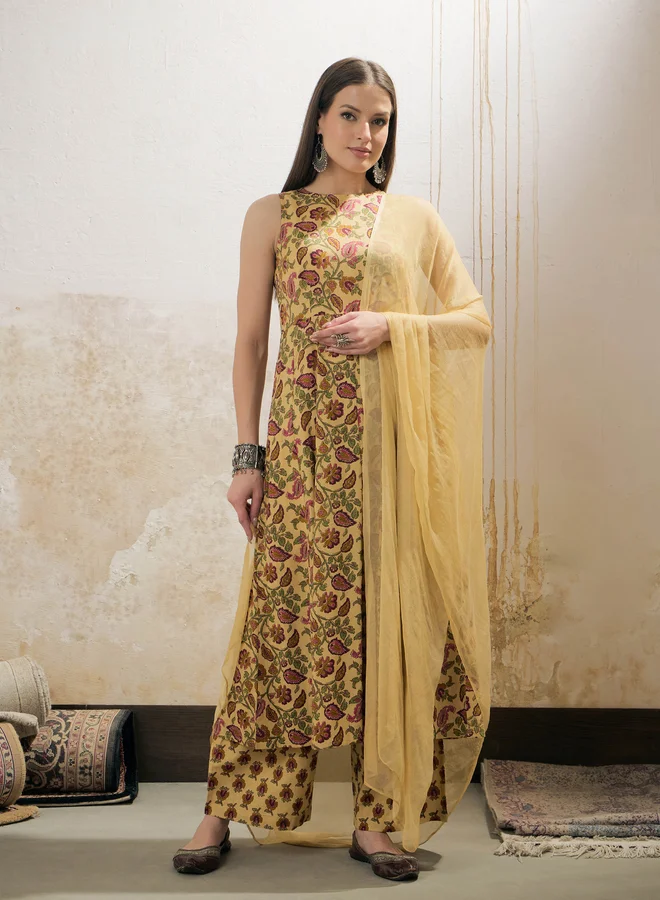SASSAFRAS SASSAFRAS Yellow Floral Sleeveless Kurta with Pencil Pants and Dupatta Set