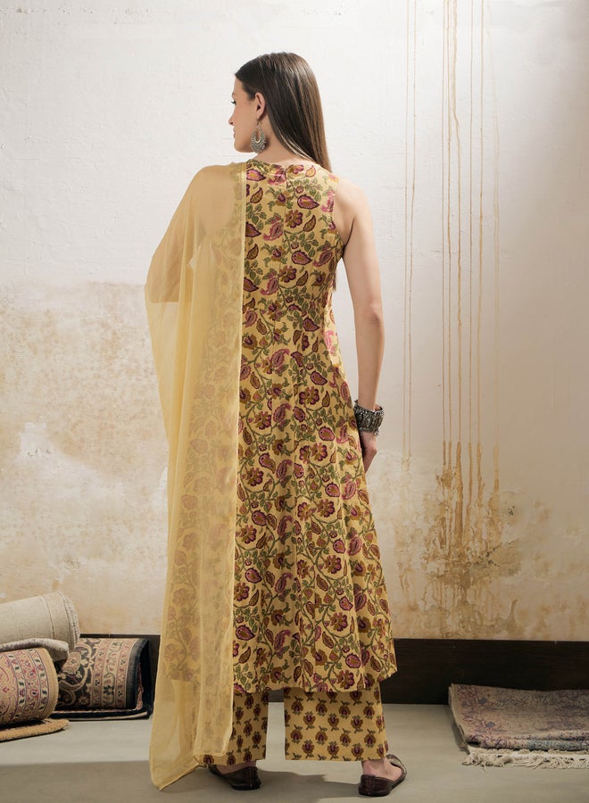 SASSAFRAS Yellow Floral Sleeveless Kurta with Pencil Pants and Dupatta Set - Image 5