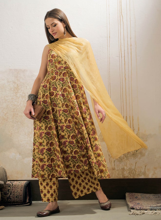SASSAFRAS Yellow Floral Sleeveless Kurta with Pencil Pants and Dupatta Set - Image 1