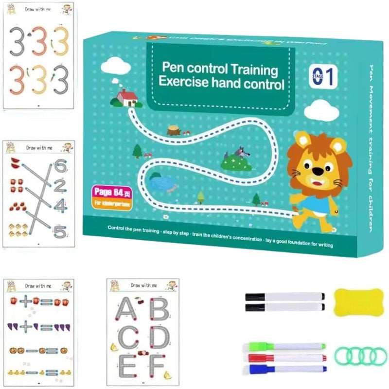 DOKDO 64 Pages Magical Tracing Workbook Set – Handwriting Practice for Alphabets & Numbers, Reusable Preschool Learning Book for Kids, Educational Pen Control Training,(Multicolor) (2) - Image 1