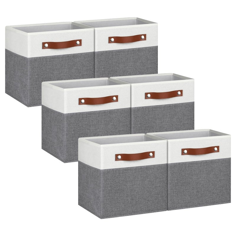 Pomatree 11 Inch Cube Storage Bin - 6 Pack - Linen Fabric Cubby Storage Bins for Bedroom  Living Room  Clothes and Toys  Shelves and Closet Organizer; Foldable  Dual Leather Handles (White & Grey) - Image 1